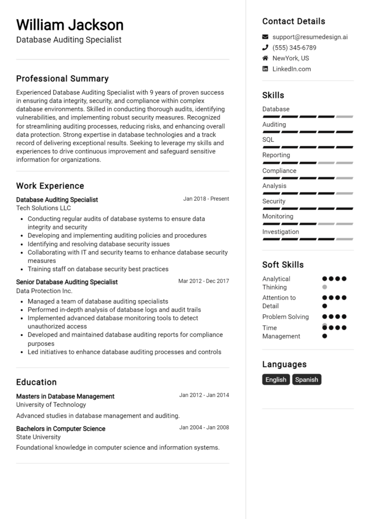 Database Auditing Specialist Resume Example