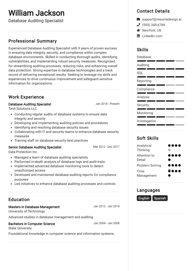 24 Database Auditing Specialist Resume Examples And Templates for 2025