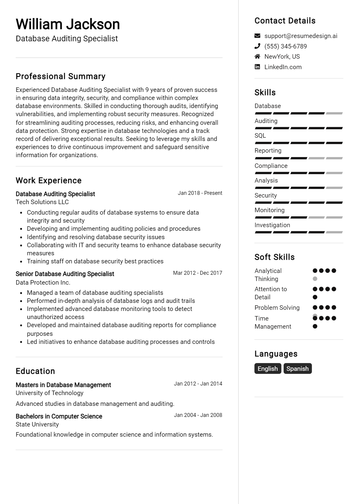 Database Auditing Specialist Resume Example