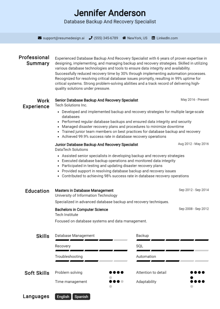 Database Backup And Recovery Specialist Resume Example