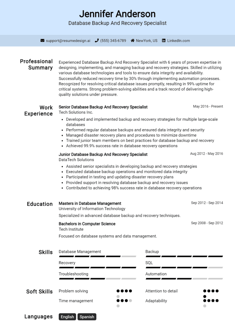 24 Database Backup and Recovery Specialist Resume Examples And Templates for 2025: Expert Tips