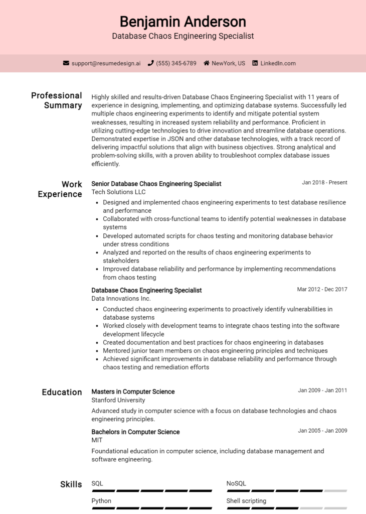 Database Chaos Engineering Specialist Resume Example