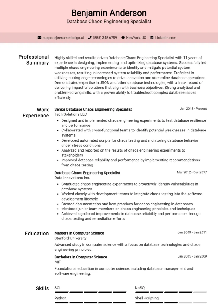 Database Chaos Engineering Specialist Resume Example