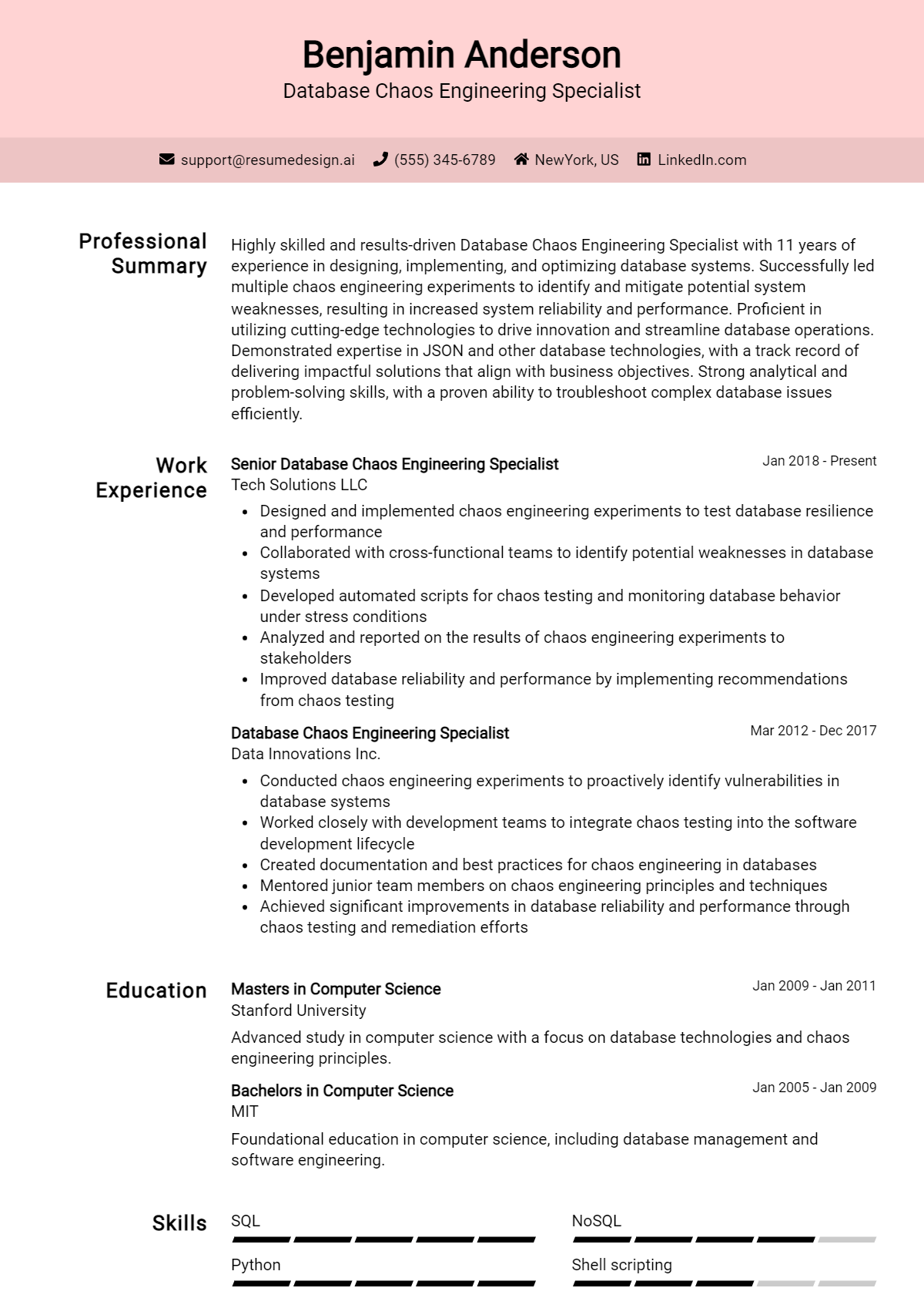 Database Chaos Engineering Specialist Resume Example