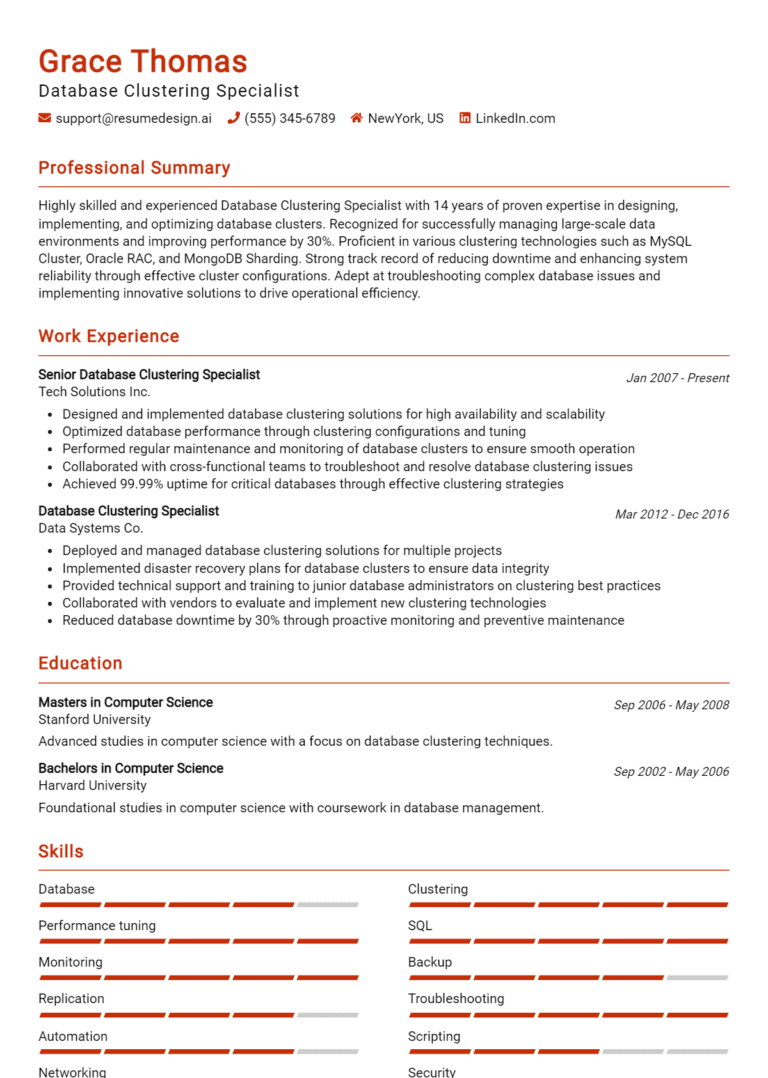 24 Database Clustering Specialist Resume Examples And Templates for 2025