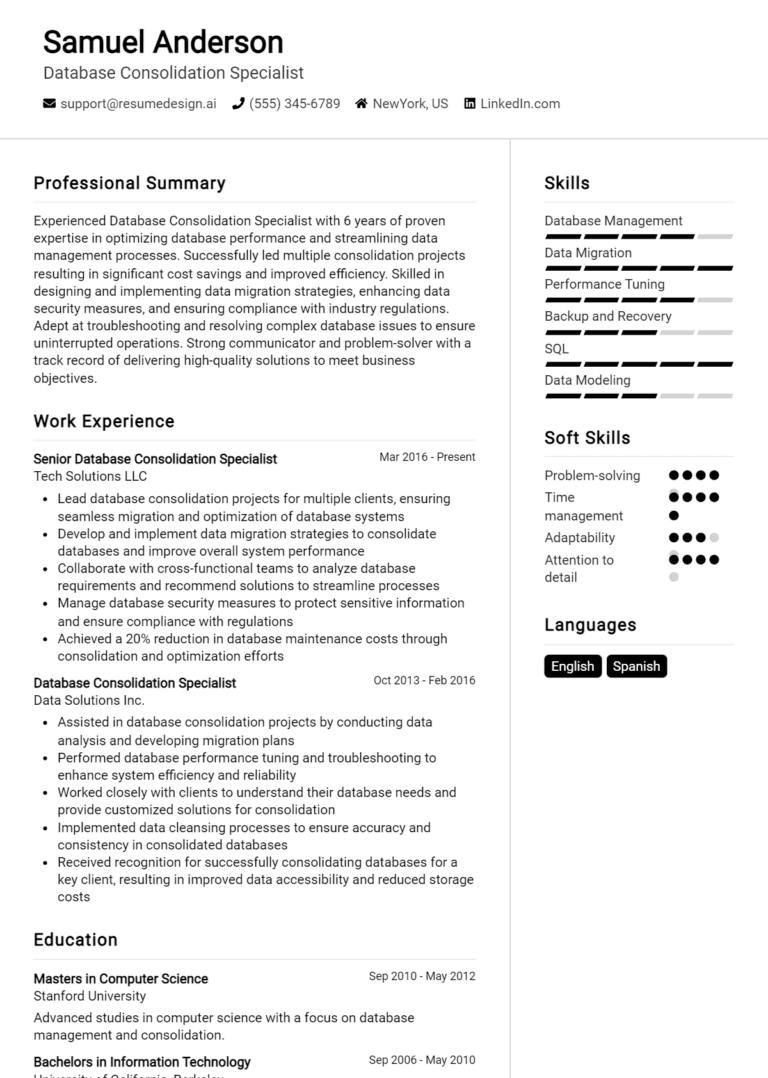 24 Database Consolidation Specialist Resume Examples And Templates for 2025: Best Tips