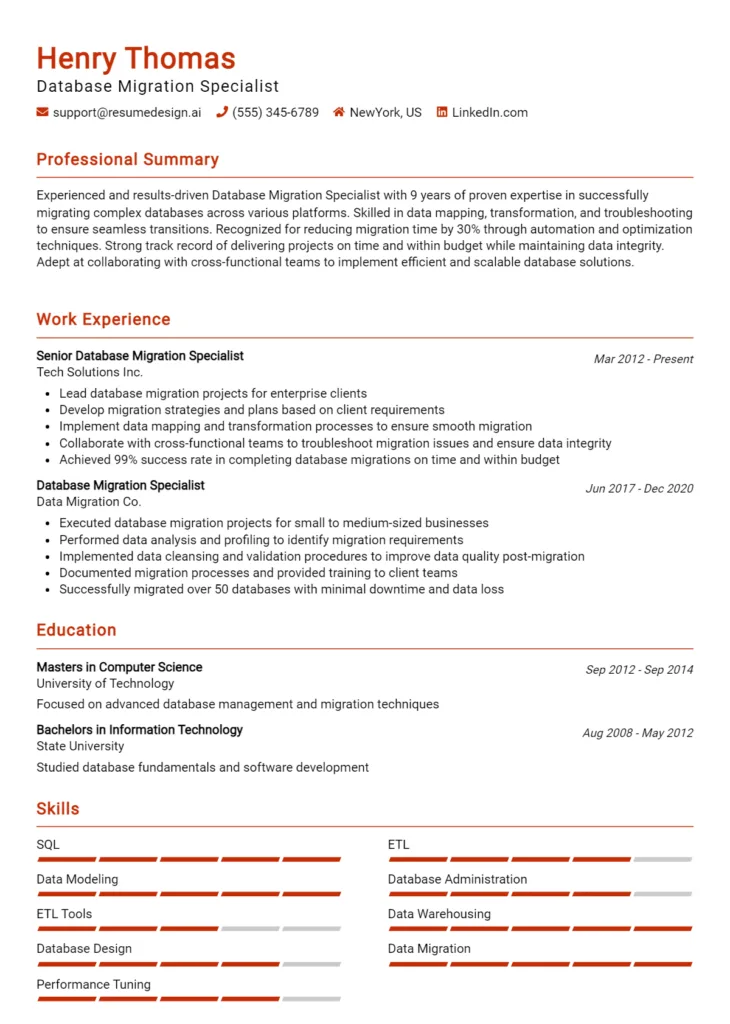 Database Migration Specialist Resume Example