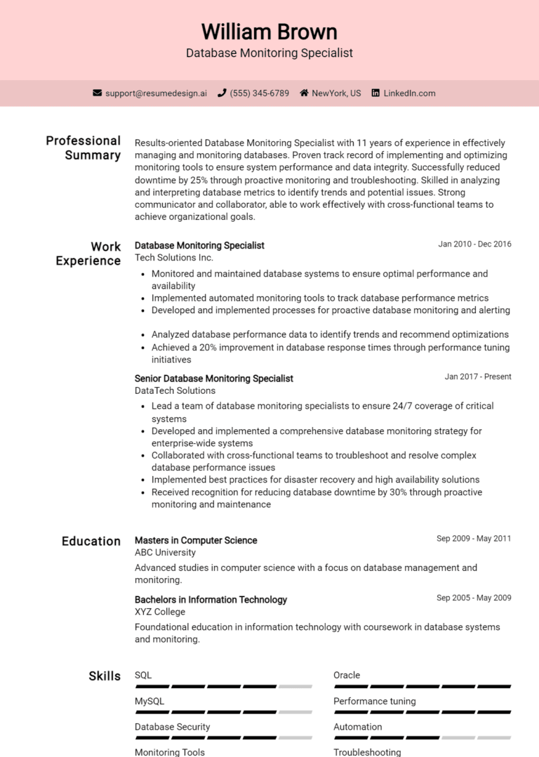 24 Database Monitoring Specialist Resume Examples And Templates for 2025: Best Tips