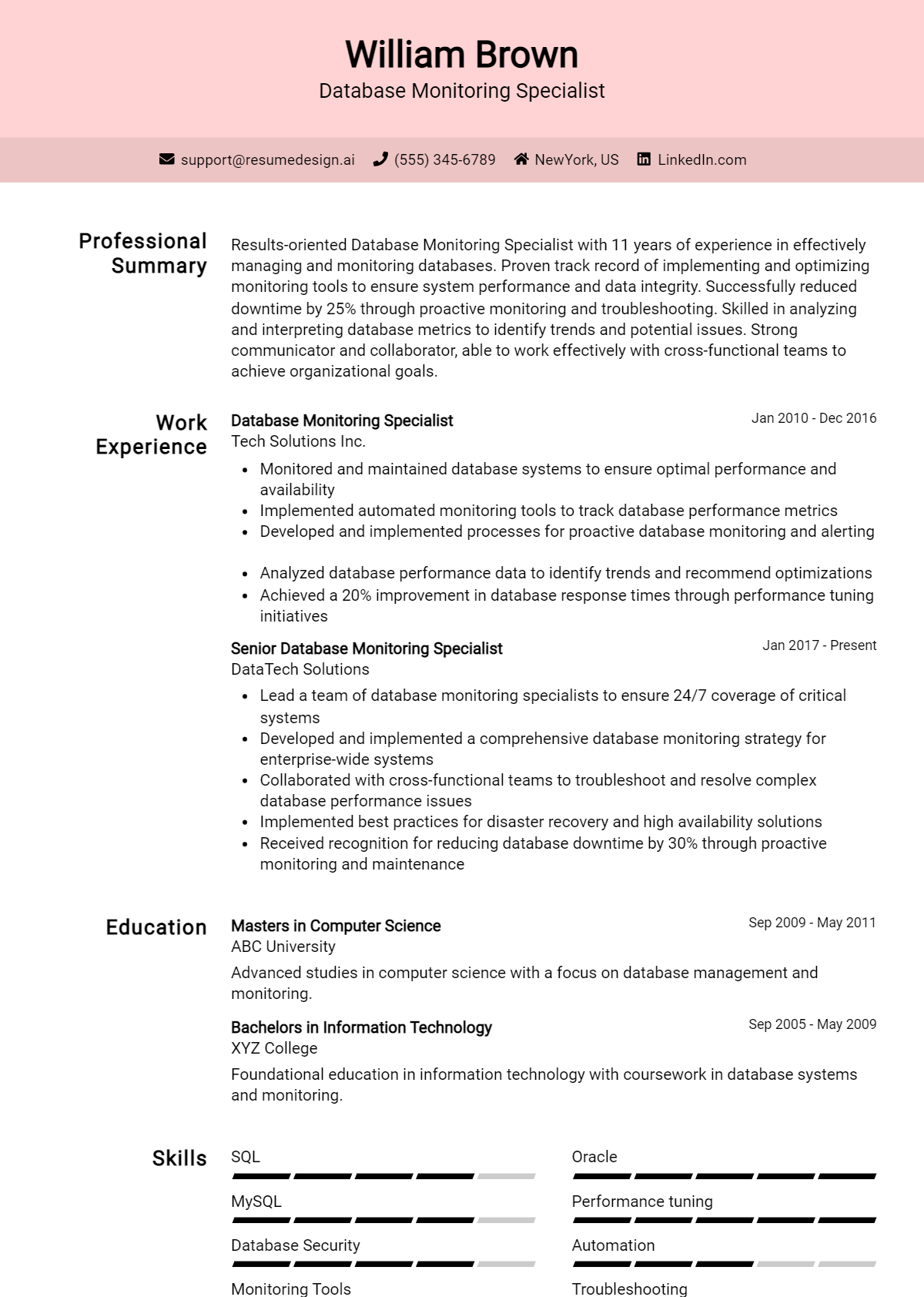 Database Monitoring Specialist Resume Example