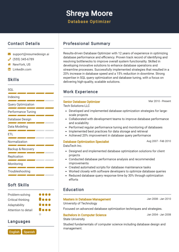Database Optimizer Resume Example