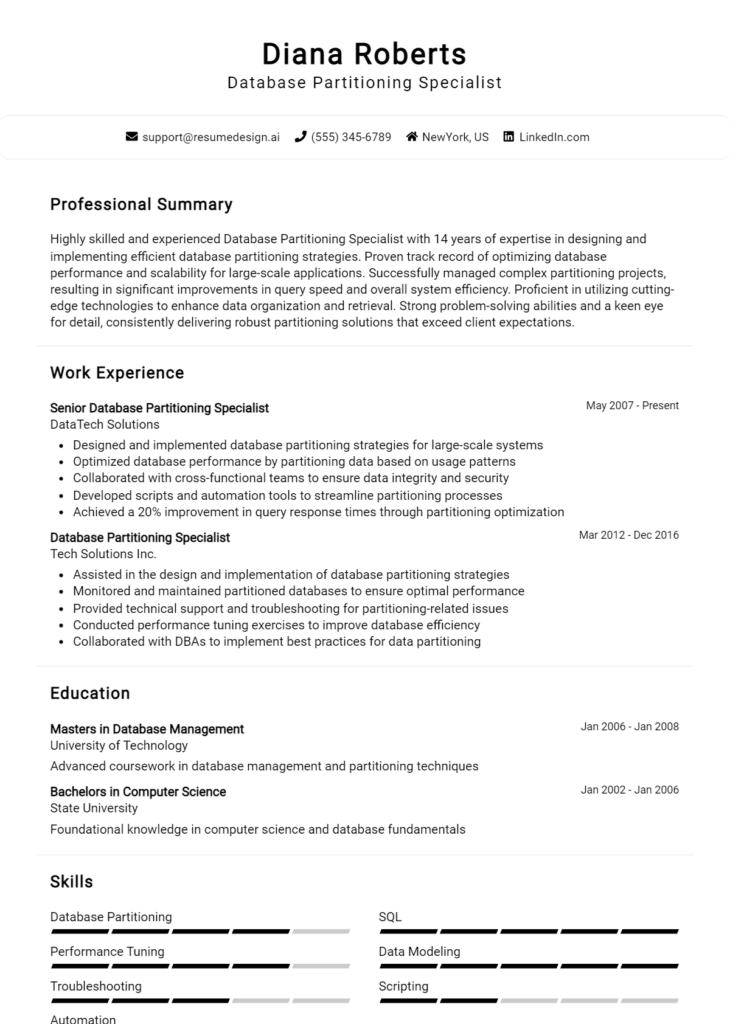 Database Partitioning Specialist Resume Example