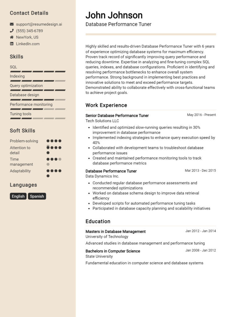 Database Performance Tuner Resume Example