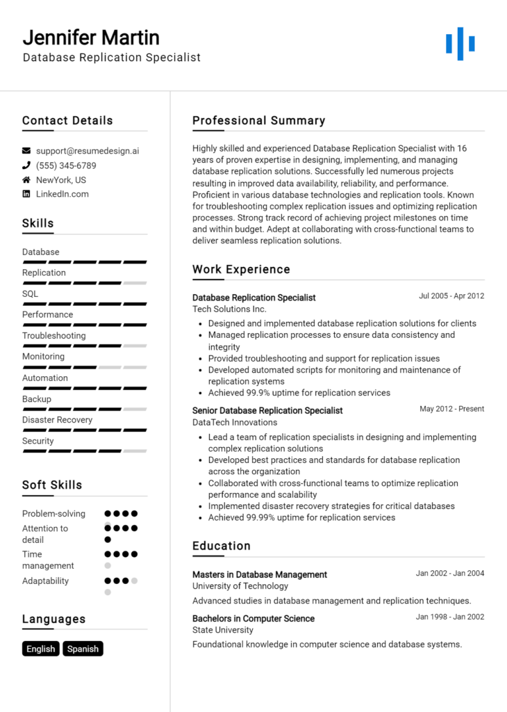 Database Replication Specialist Resume Example