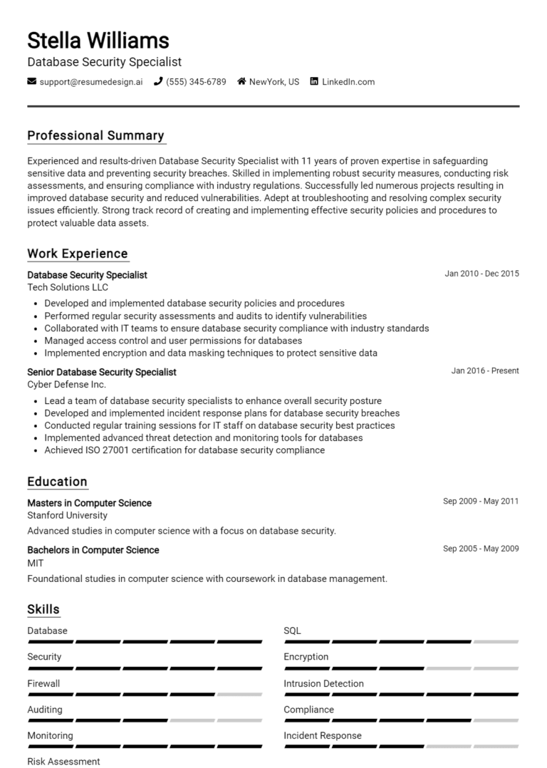 24 Database Security Specialist Resume Examples And Templates for 2025 (Downloadable)