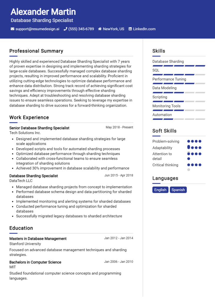 Database Sharding Specialist Resume Example
