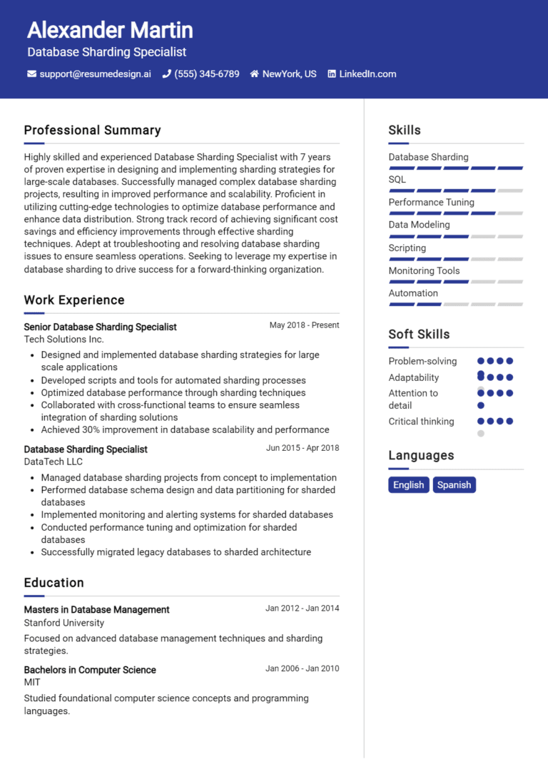 24 Database Sharding Specialist Resume Examples And Templates for 2025: Best Tips