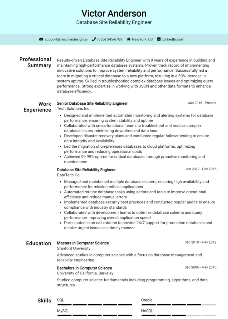 Database Site Reliability Engineer Resume Example