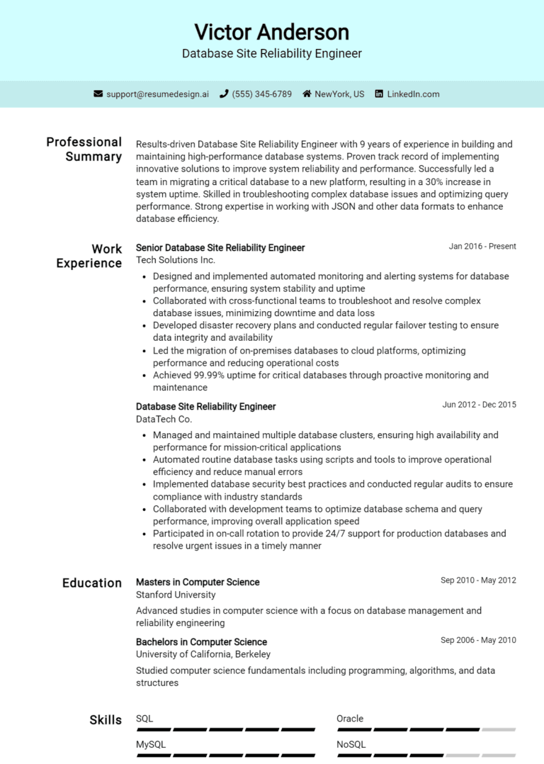24 Database Site Reliability Engineer Resume Examples And Templates for 2025 [Guide]