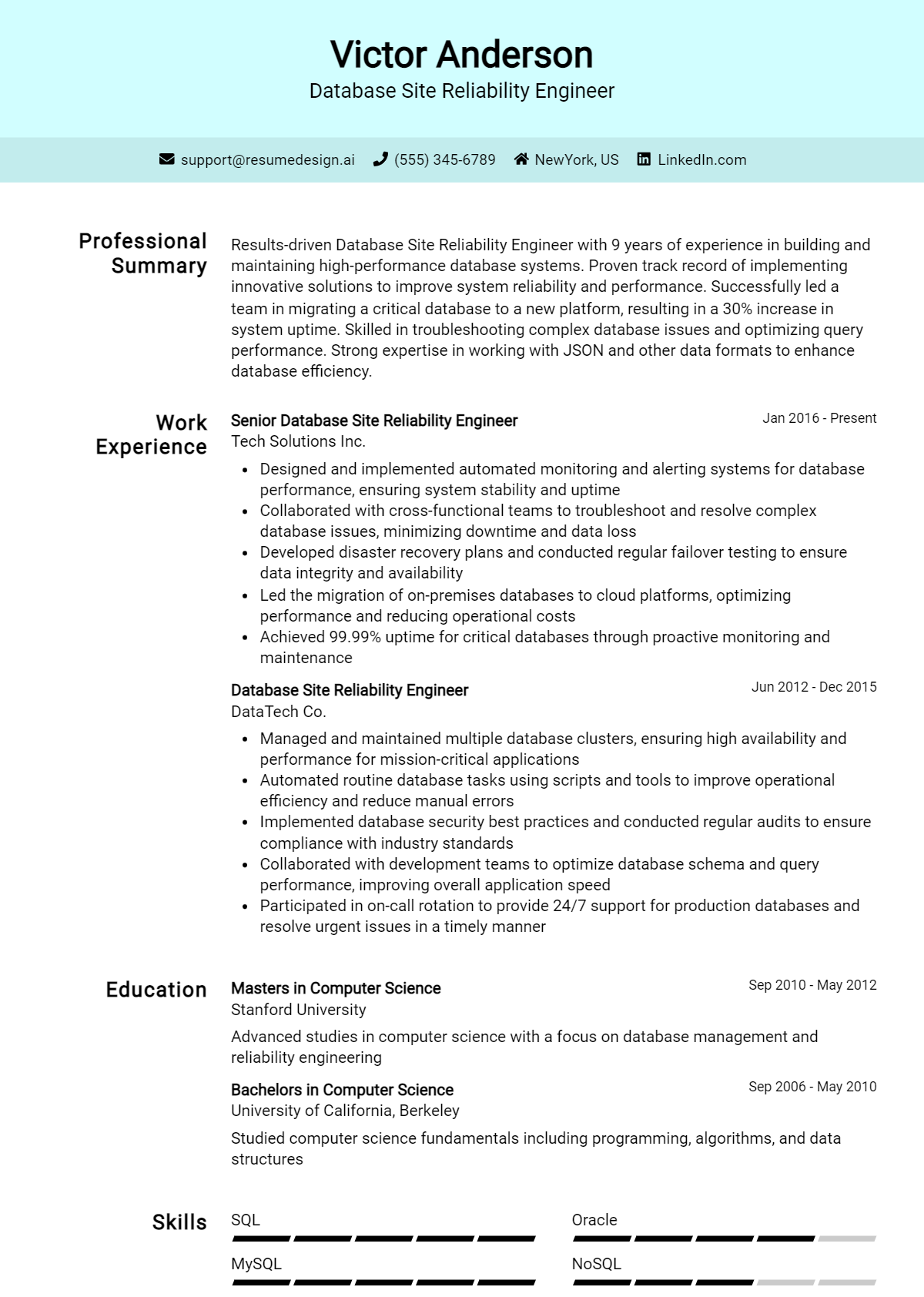 Database Site Reliability Engineer Resume Example