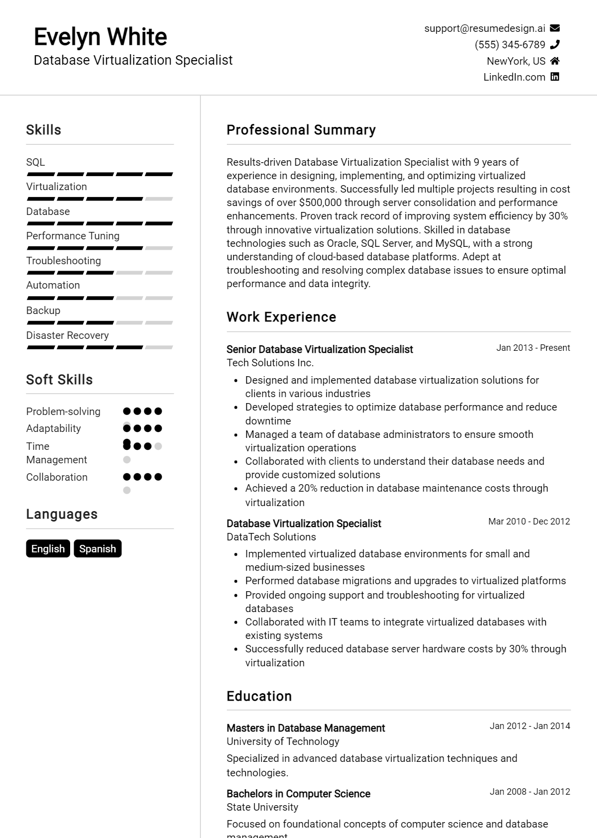 Database Virtualization Specialist Resume Example