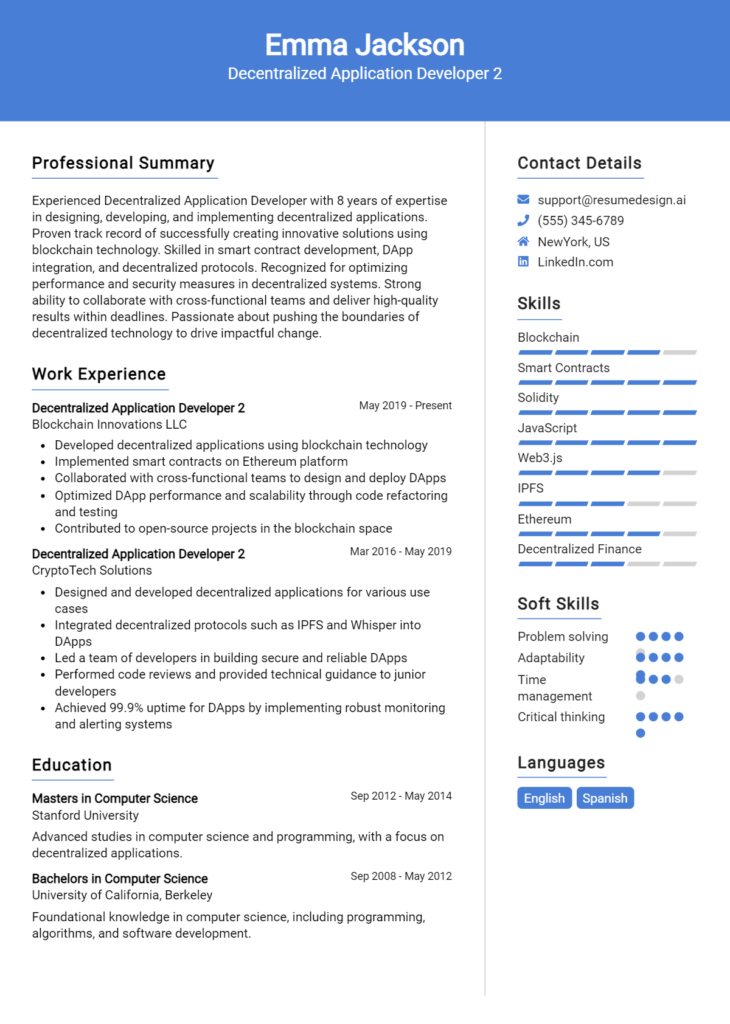 Decentralized Application Developer 2 Resume Example
