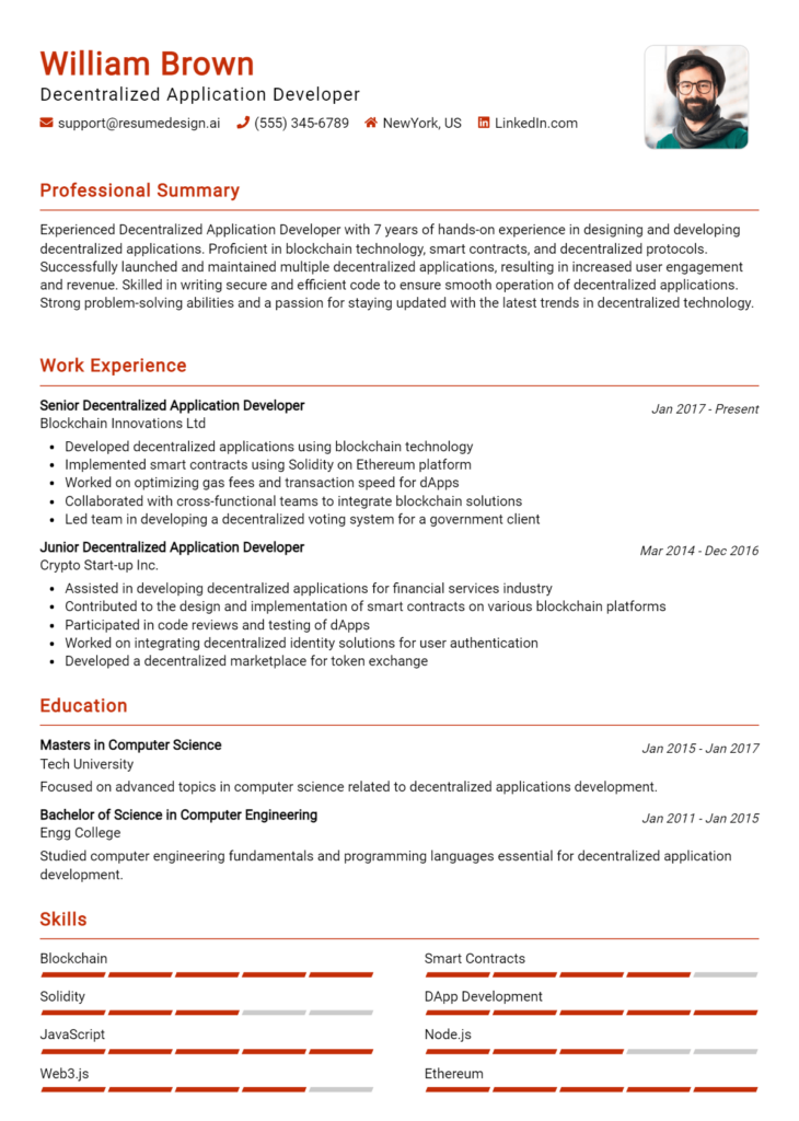 Decentralized Application Developer Resume Example