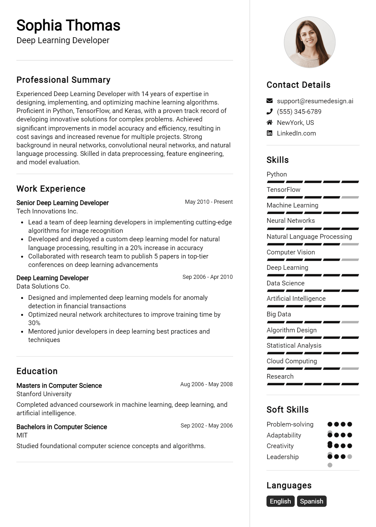 Deep Learning Developer Resume Example