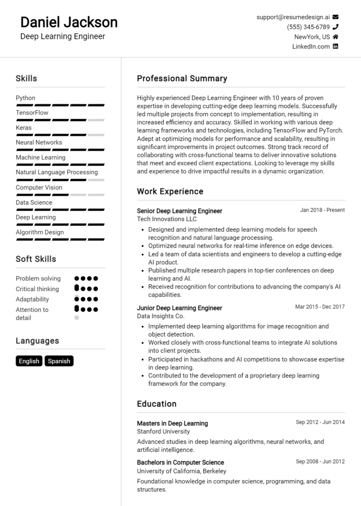 Deep Learning Engineer Resume Example