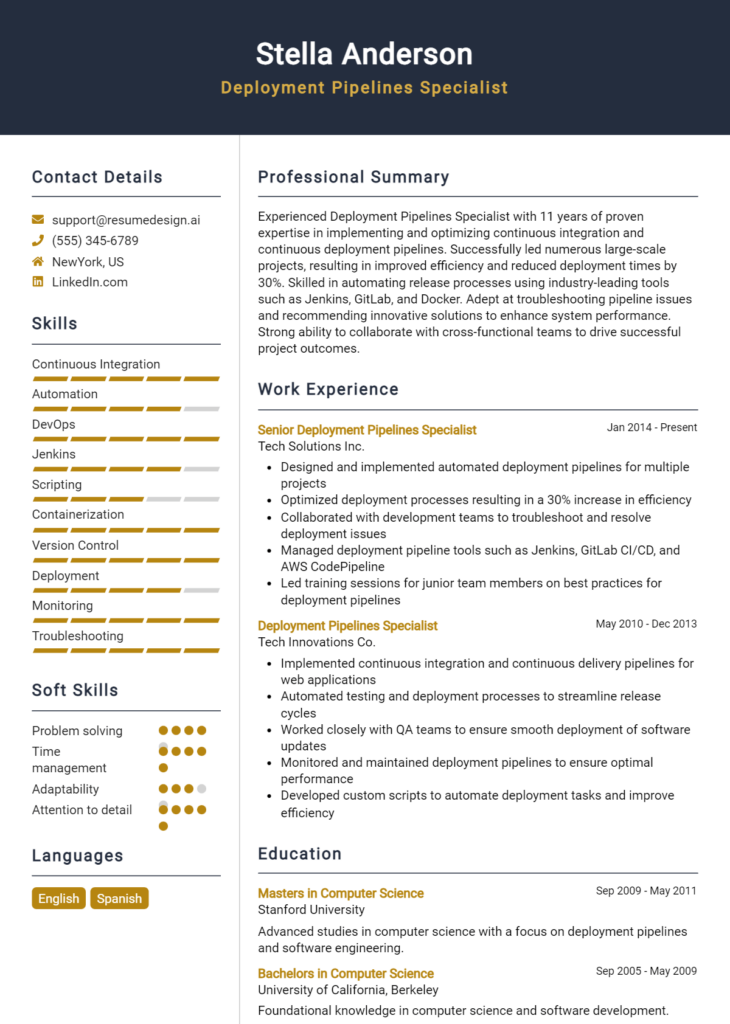 Deployment Pipelines Specialist Resume Example