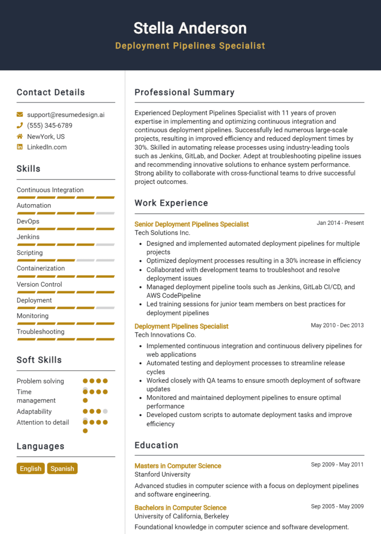 22 Deployment Pipelines Specialist Resume Examples And Templates for 2025