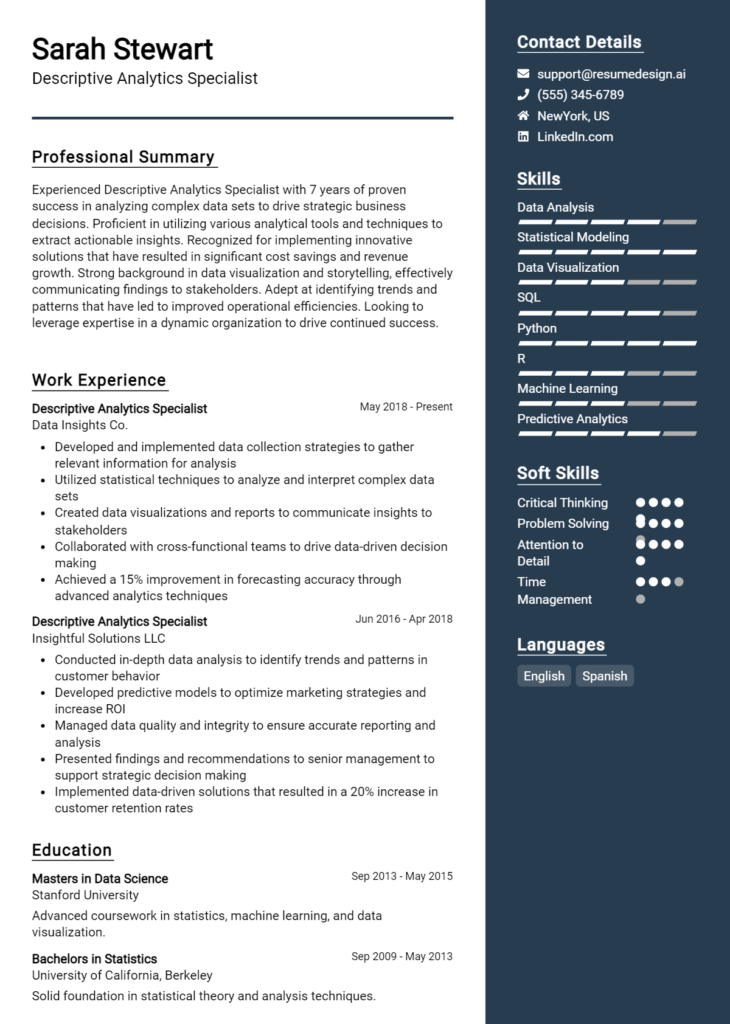 Descriptive Analytics Specialist Resume Example