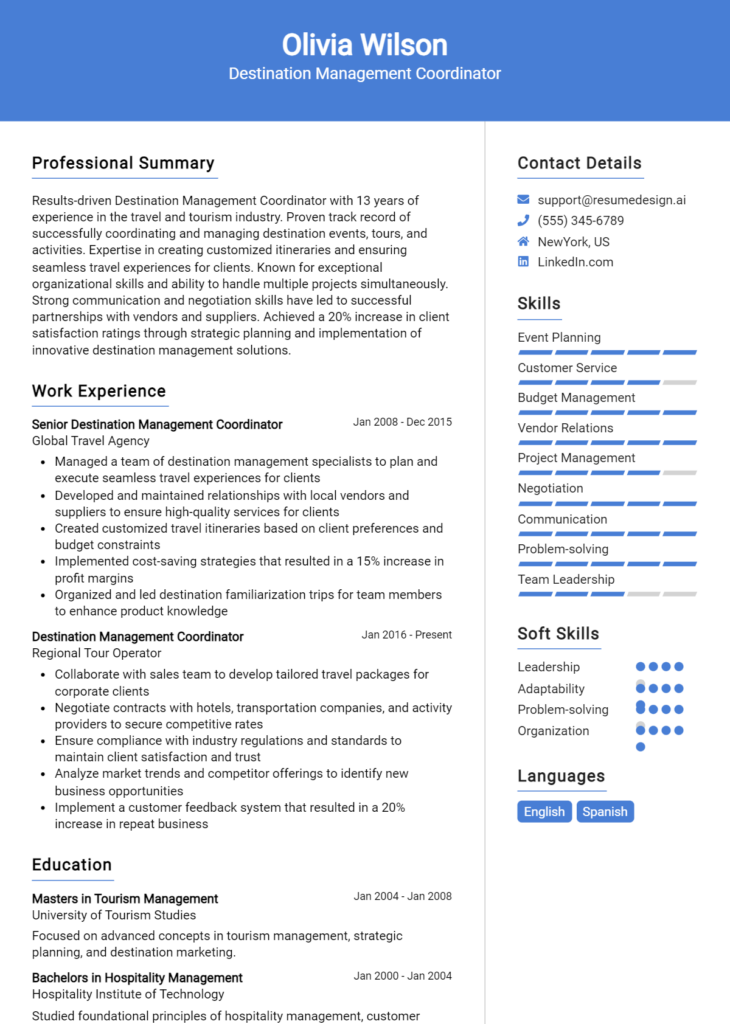 Destination Management Coordinator Resume Example