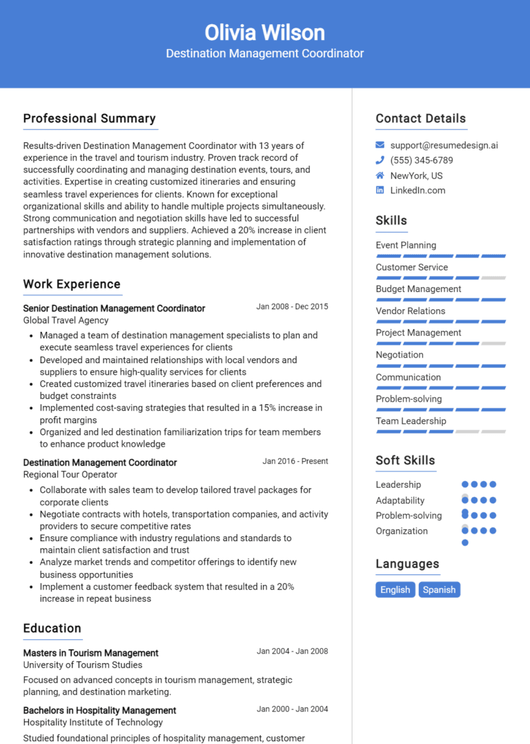 18 Destination Management Coordinator Resume Examples And Templates for 2025