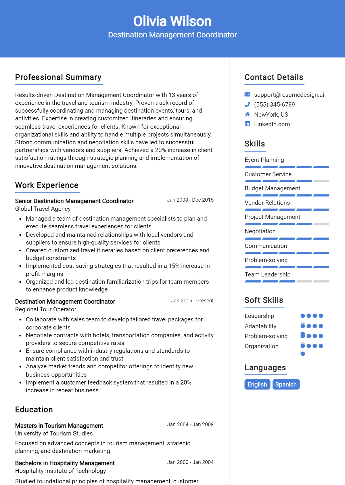 Destination Management Coordinator Resume Example