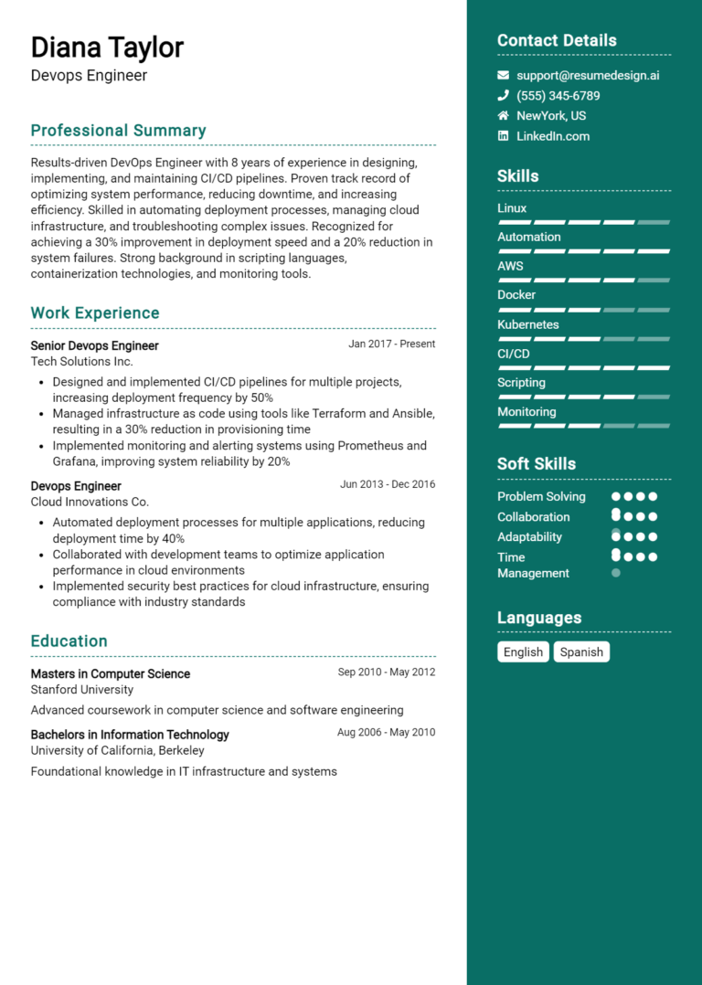 22 DevOps Engineer Resume Examples And Templates for 2024 - ResumeDesign.ai