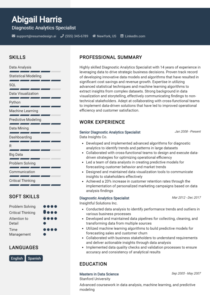 Diagnostic Analytics Specialist Resume Example