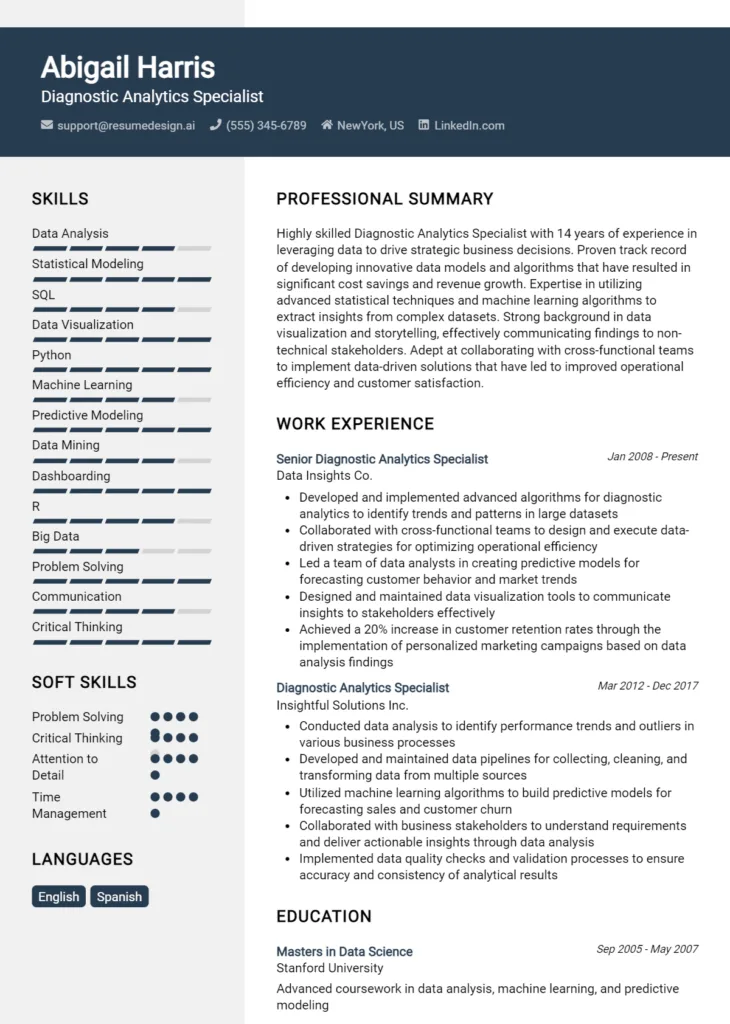 Diagnostic Analytics Specialist Resume Example