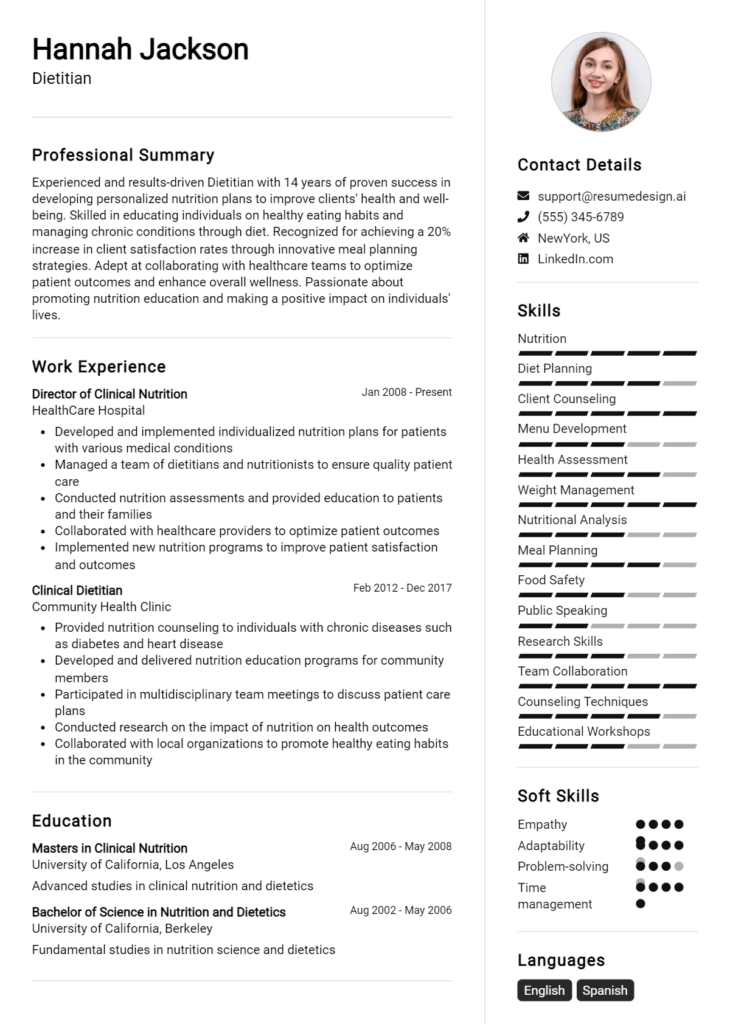 Dietitian Resume Example