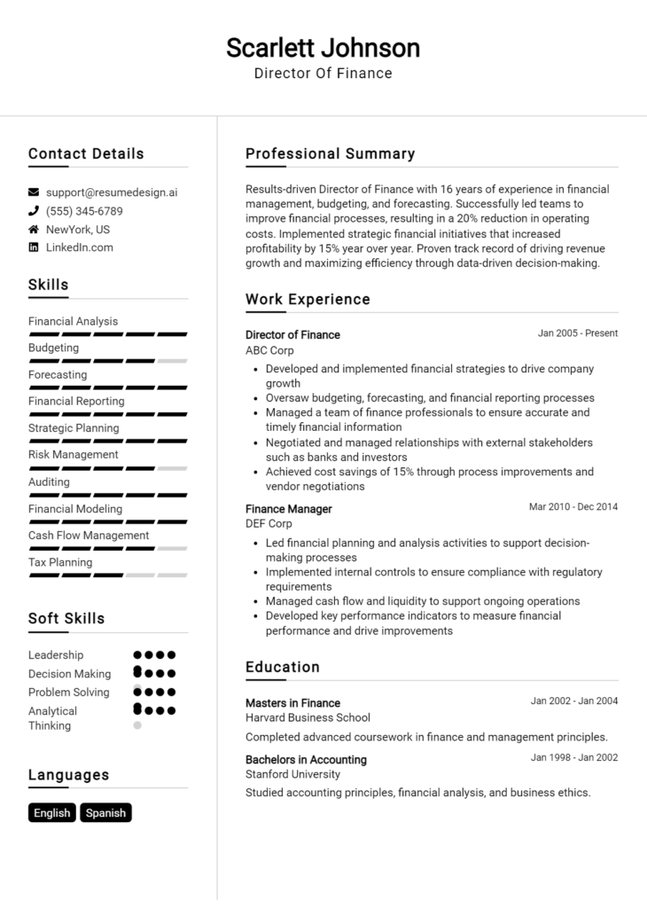 Director Of Finance Resume Example