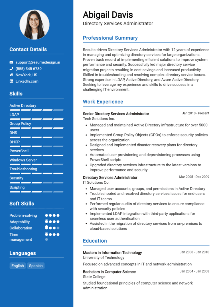 24 Directory Services Administrator Resume Examples And Templates for 2025