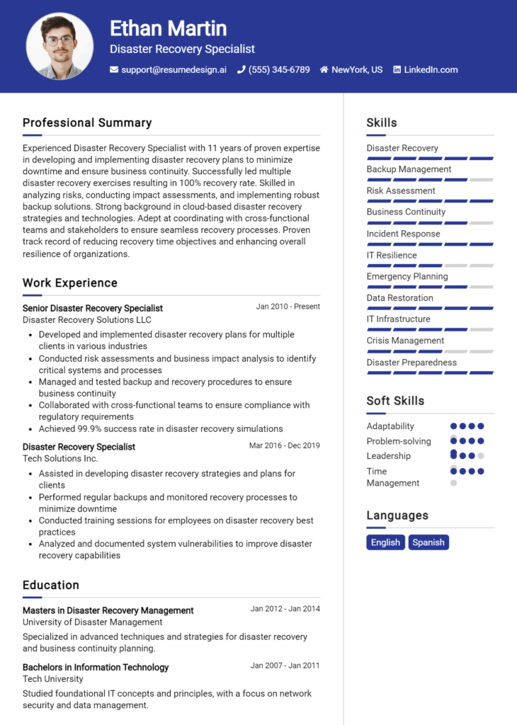 Disaster Recovery Specialist Resume Example