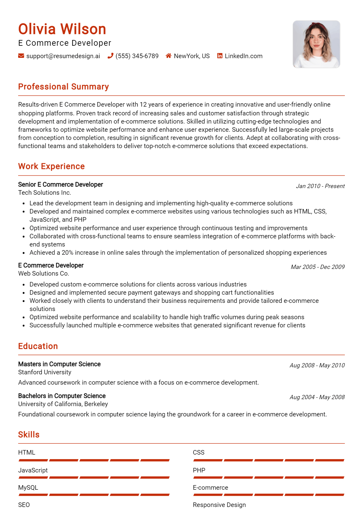 E Commerce Developer Resume Example