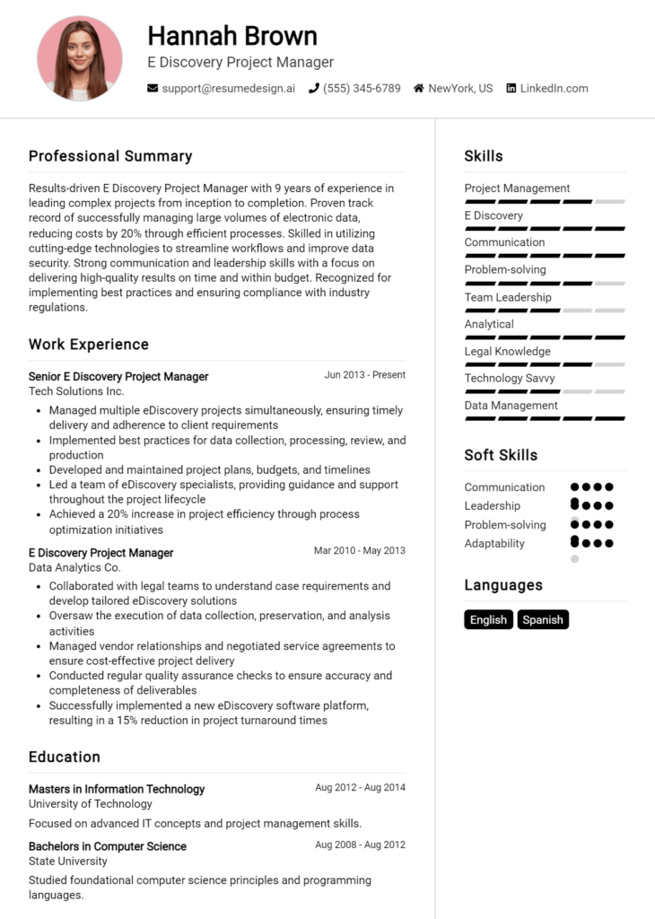 E Discovery Project Manager Resume Example