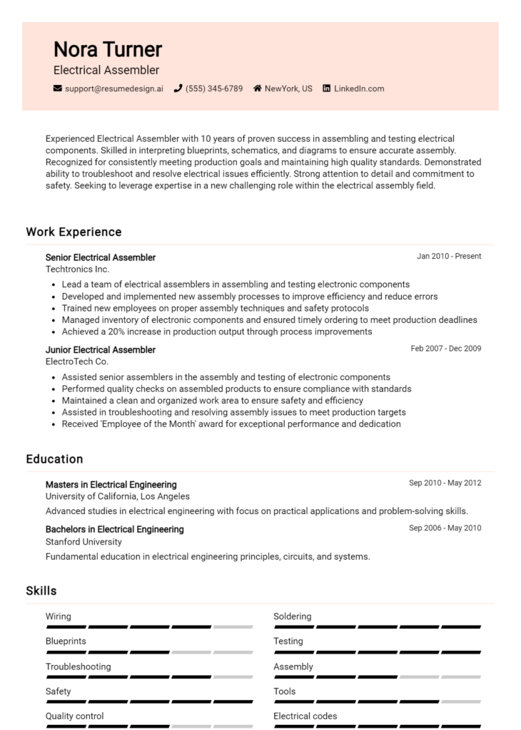 Electrical Assembler Resume Example