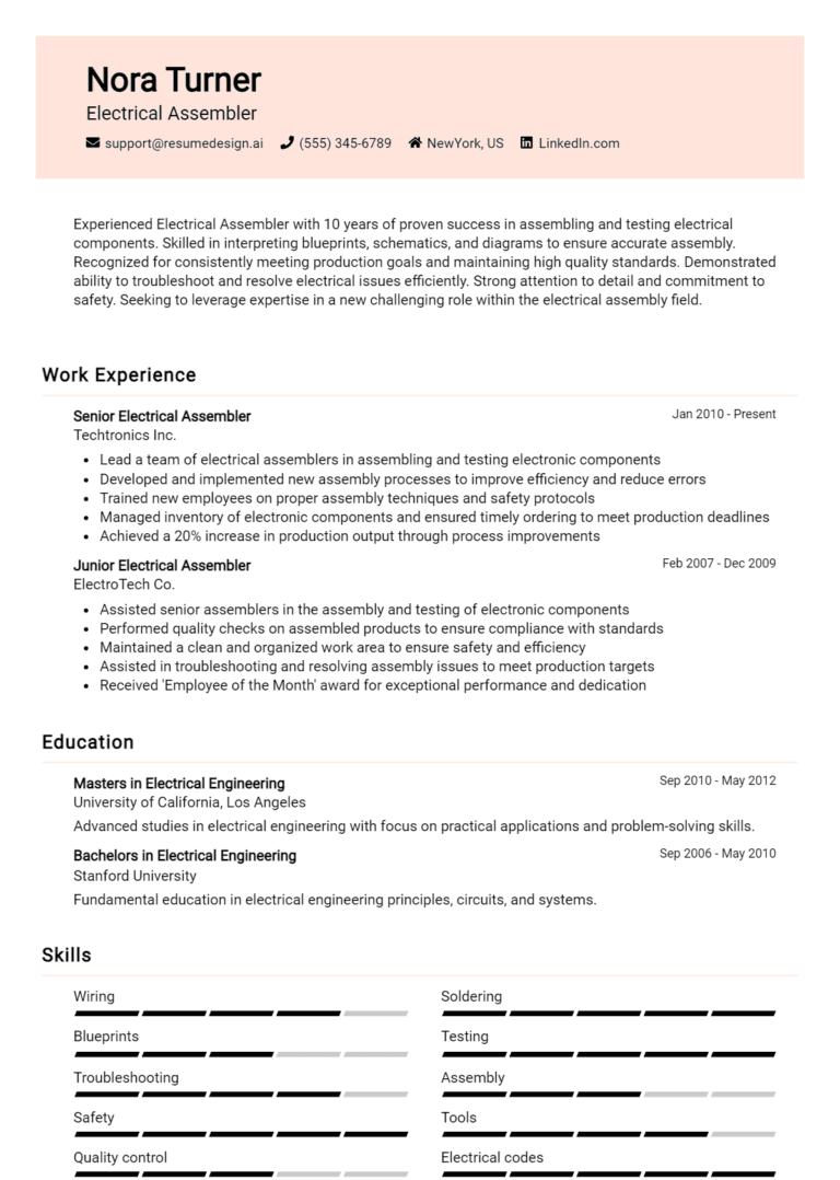 18 Electrical Assembler Resume Examples And Templates for 2025