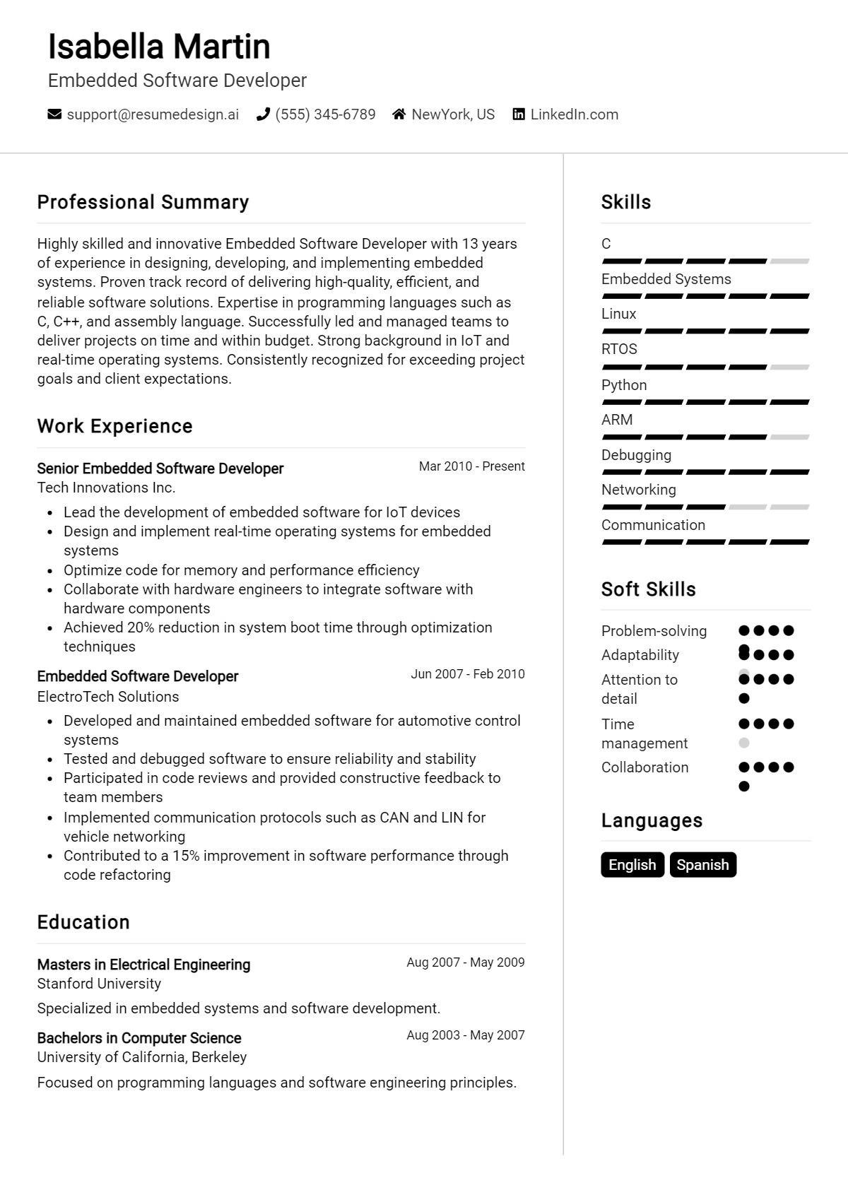 Embedded Software Developer Resume Example