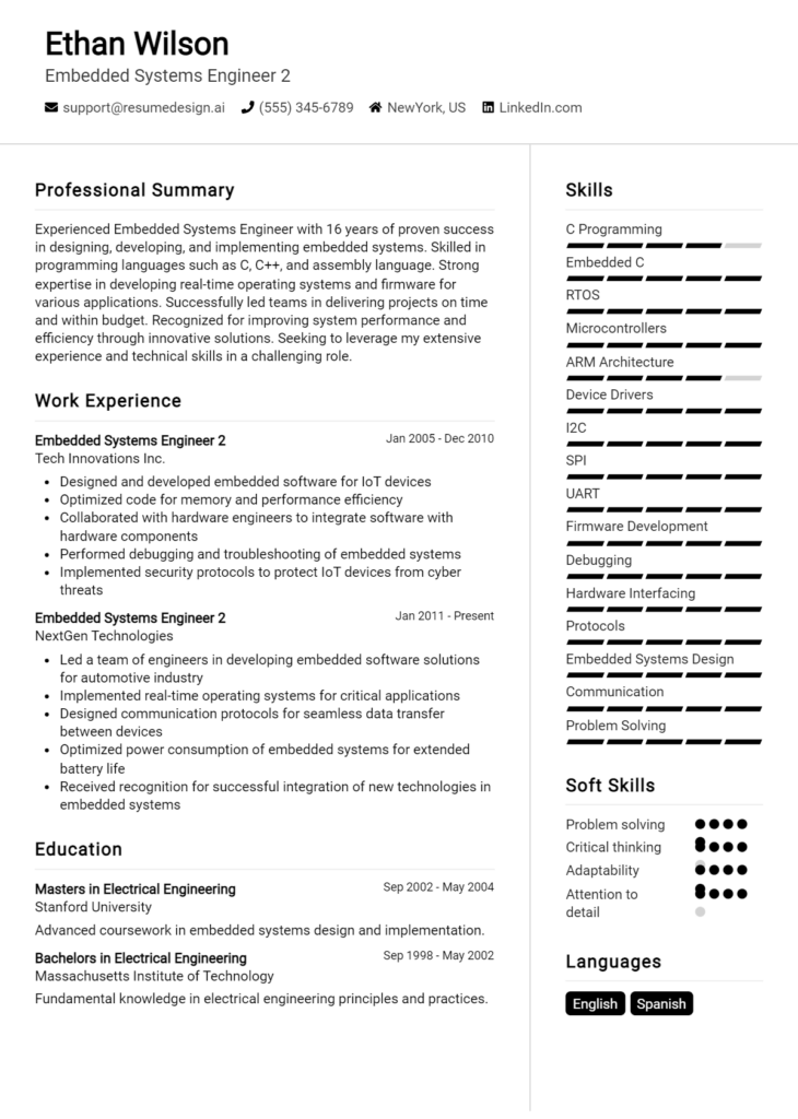 Embedded Systems Engineer 2 Resume Example