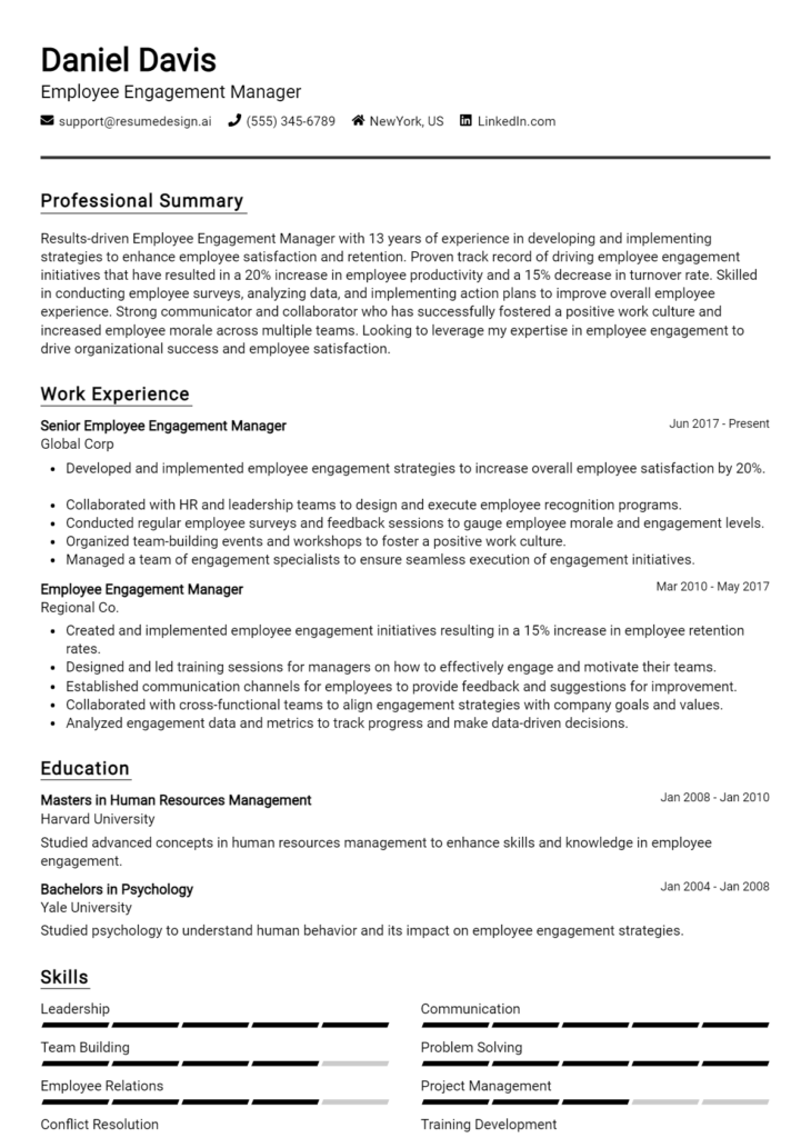 Employee Engagement Manager Resume Example