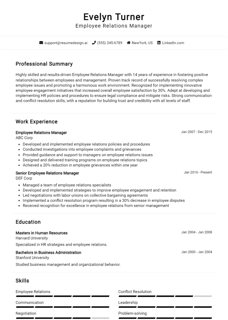 Employee Relations Manager Resume Example