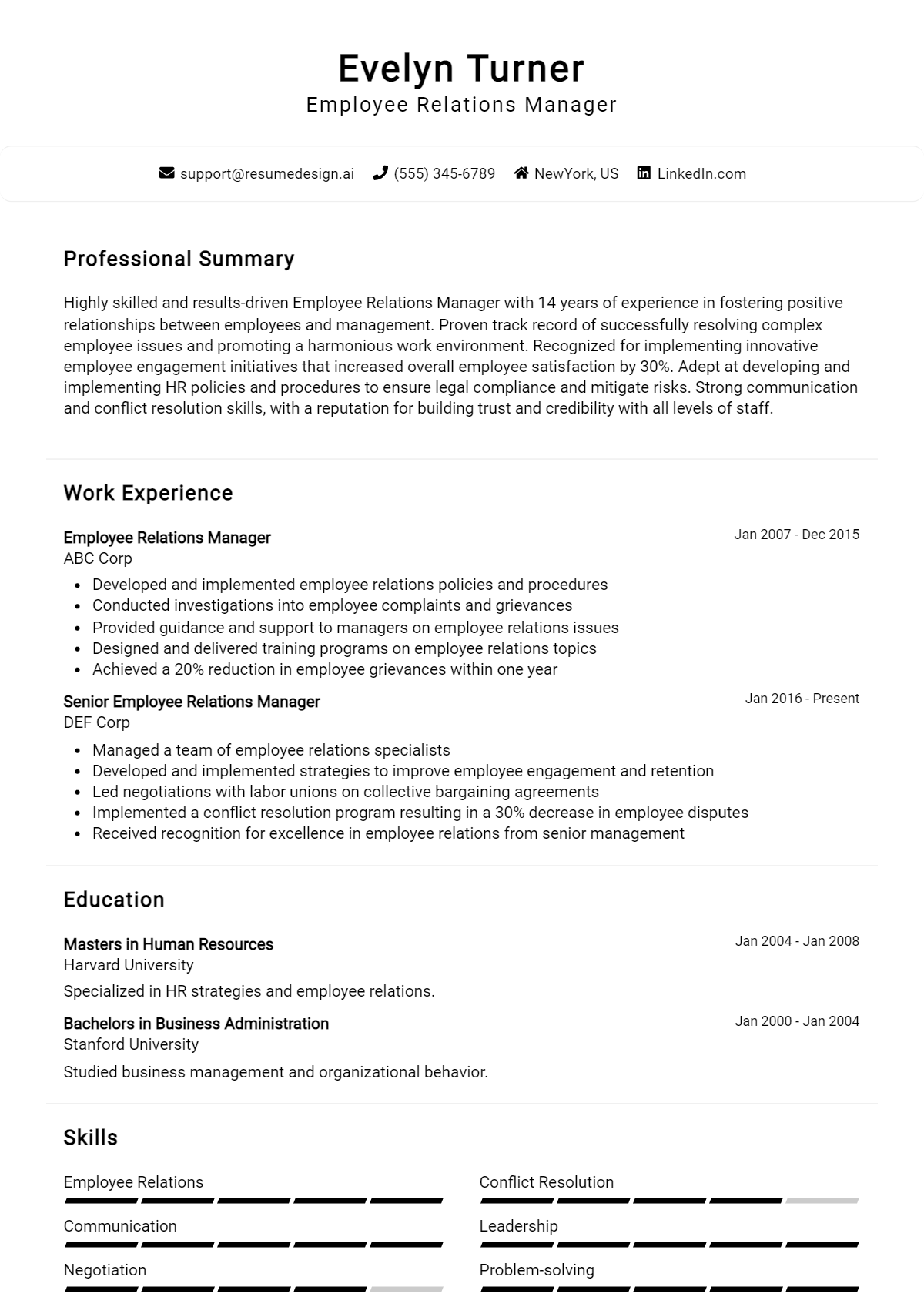 Employee Relations Manager Resume Example